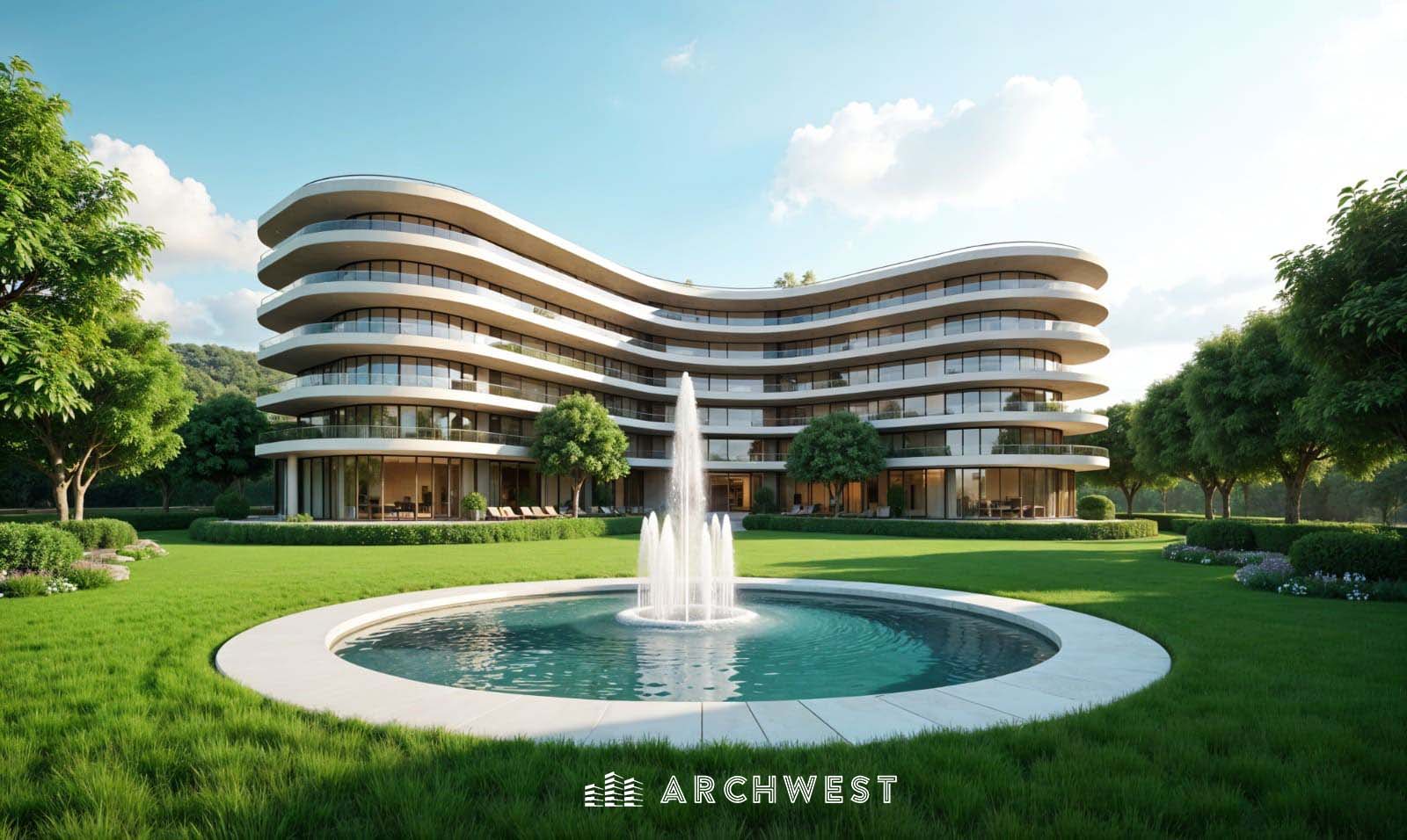 6. 3D Render of a Modern Resort with fountain and lush greenery,San Fransisco, California